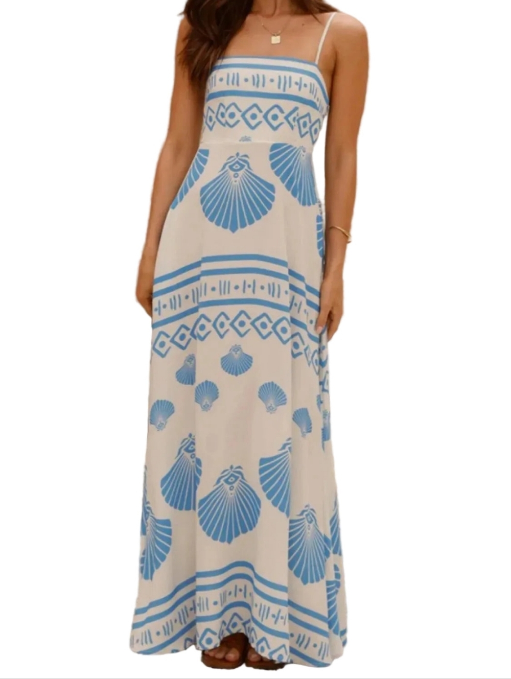 Coastal Seashell Side Pocket Sleeveless Smocked Back Island Beachy Maxi Dress - Picture 6 of 13